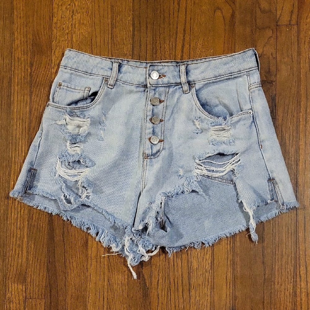 Blue High-Waisted Distressed Jean Shorts